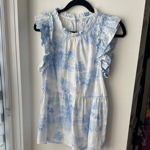 Blue and White Toile Ruffle Sleeve Top